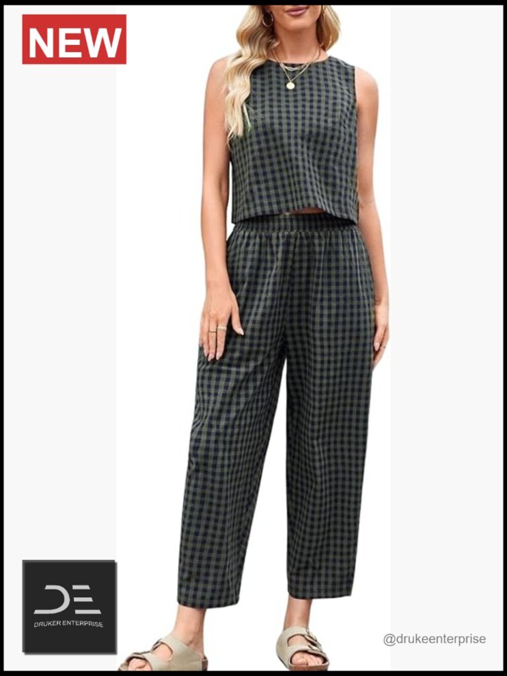 Cotton Gingham 2 Piece Tank Top and Pants Lounge Set - Sleeveless Pull On